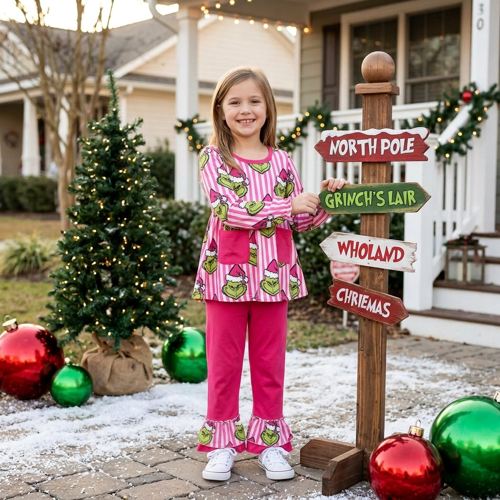 GLP3458 Christmas Green Animals Stripe Rose Red Girls Set