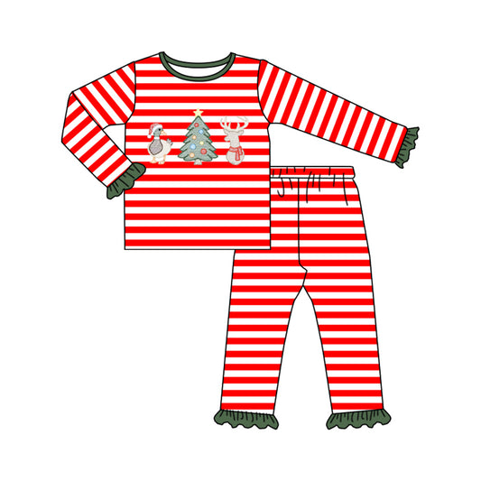 MOQ 5 PCS Preorder GLP3468 Christmas Santa Tree Deer Red Stripe Long-Sleeved Pants Girls Sets 202607 Sibling