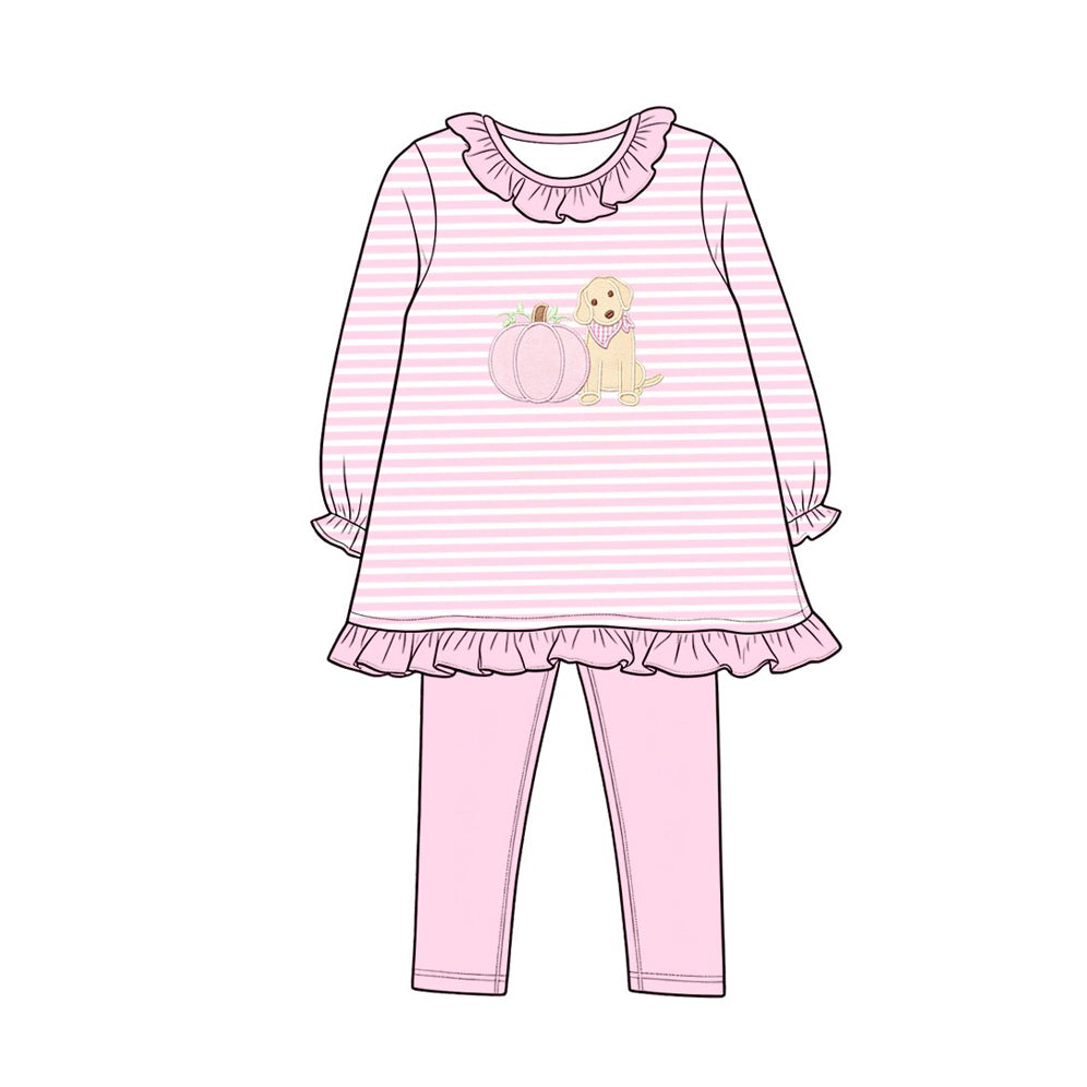 MOQ 5 PCS Preorder GLP3480 Puppy Pumpkin Pink Ruffle Stripe Long-Sleeved Pants Girls Sets 202607