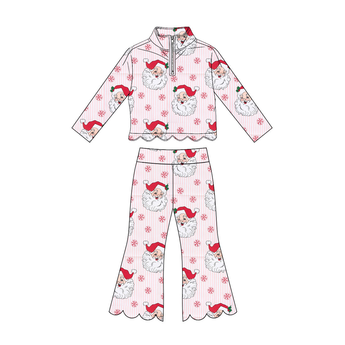 MOQ 30 PCS Preorder GLP3481 Christmas Santa Claus Pink Stripe Zip Collar Long-Sleeved Scalloped Pants Girls Sets 202607