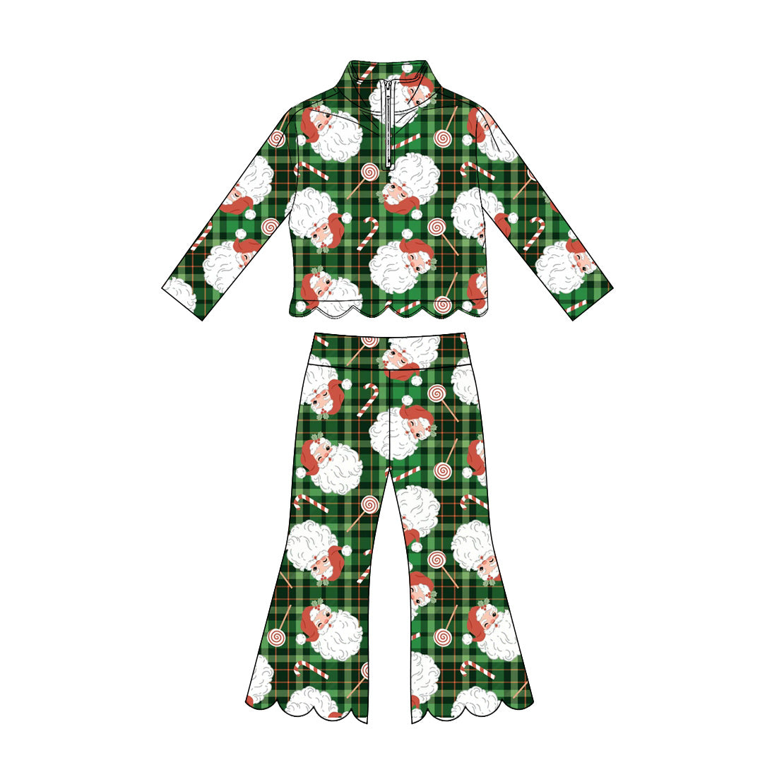 MOQ 30 PCS Preorder GLP3482 Christmas Santa Claus Green Plaid Zip Collar Long-Sleeved Scalloped Pants Girls Sets 202607