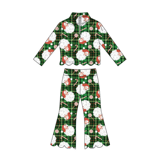 MOQ 30 PCS Preorder GLP3482 Christmas Santa Claus Green Plaid Zip Collar Long-Sleeved Scalloped Pants Girls Sets 202607
