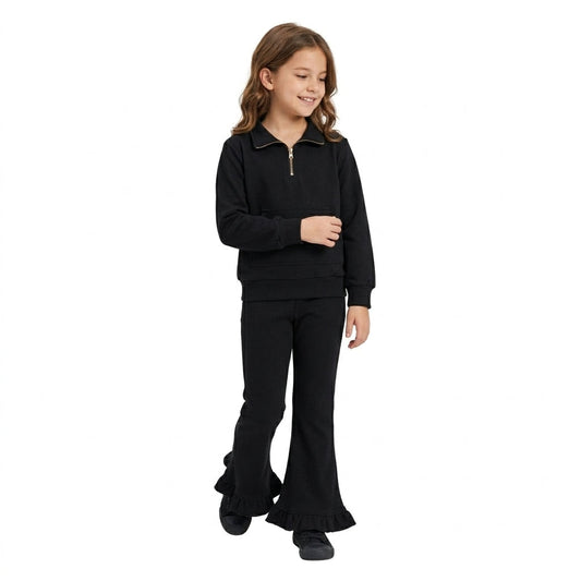 GLP3489 Solid Color Black Thick Sweatshirt Pullover Girls Flared Set