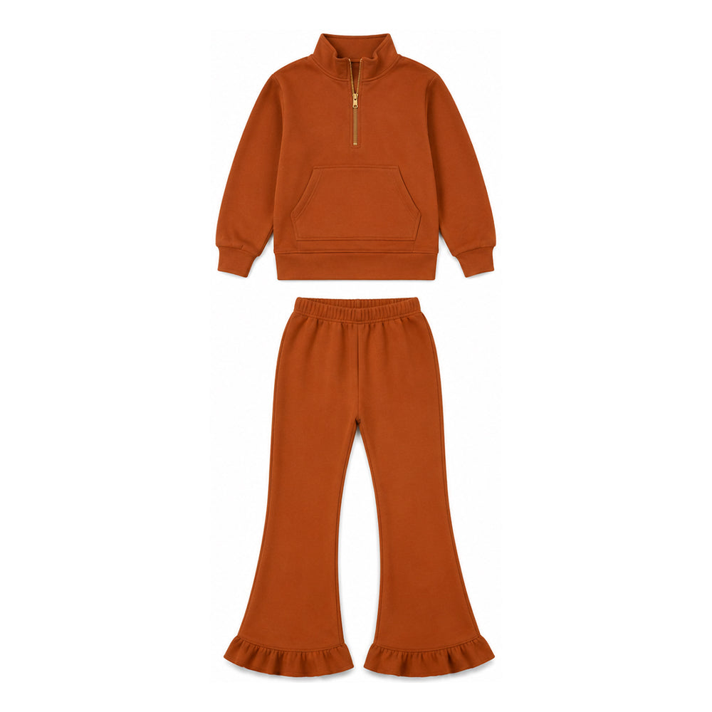 MOQ 5 PCS Preorder GLP3490 Solid Orange Zip Collar Long-Sleeved Pants Girls Sets Sweatshirt and Sweatpants Sets 202607