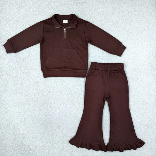 GLP3491 Solid Color Brown Thick Sweatshirt Pullover Girls Flared Set