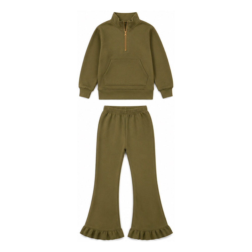 MOQ 5 PCS Preorder GLP3492 Solid Dark Olive Green Zip Collar Long-Sleeved Pants Girls Sets Sweatshirt and Sweatpants Sets 202607