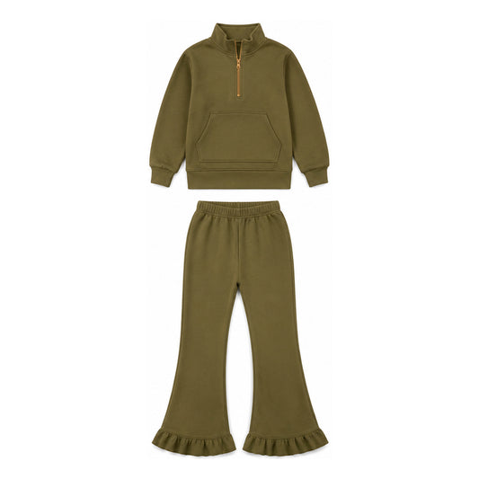 MOQ 5 PCS Preorder GLP3492 Solid Dark Olive Green Zip Collar Long-Sleeved Pants Girls Sets Sweatshirt and Sweatpants Sets 202607