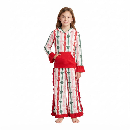 GLP3497 Christmas Santa Bows Ruffles Hoodie Girls Outfits
