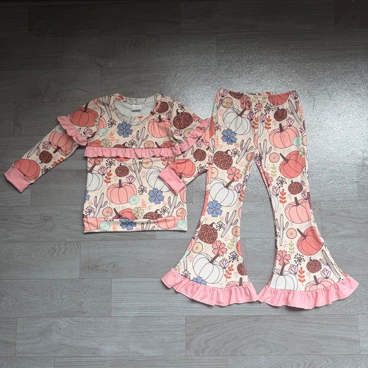 NO MOQ Preorder GLP3502 Pumpkin Print Pink Ruffle Long Sleeve Pants Girls Sets 202607