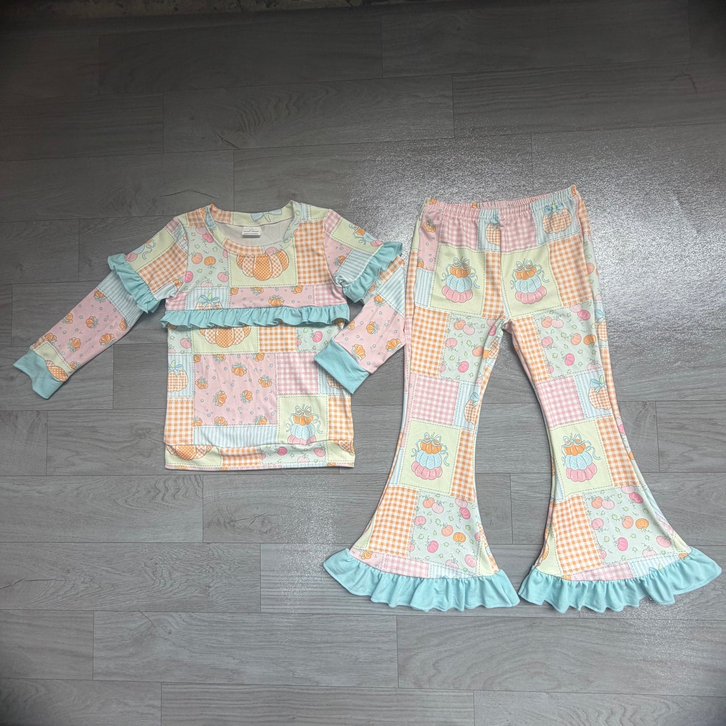 NO MOQ Preorder GLP3503 Pumpkin Bows Plaid Mint Ruffle Long Sleeve Pants Girls Sets 202607
