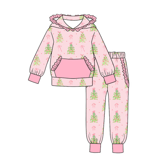 MOQ 5 PCS preorder GLP3512 Christmas Trees Bows Pink Ruffle Hooded Long Sleeve Pants Girls Sets 202607