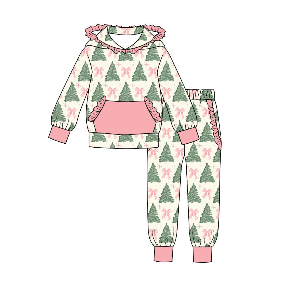MOQ 5 PCS preorder GLP3513 Christmas Trees Bows Star Pink Ruffle Hooded Long Sleeve Pants Girls Sets 202607
