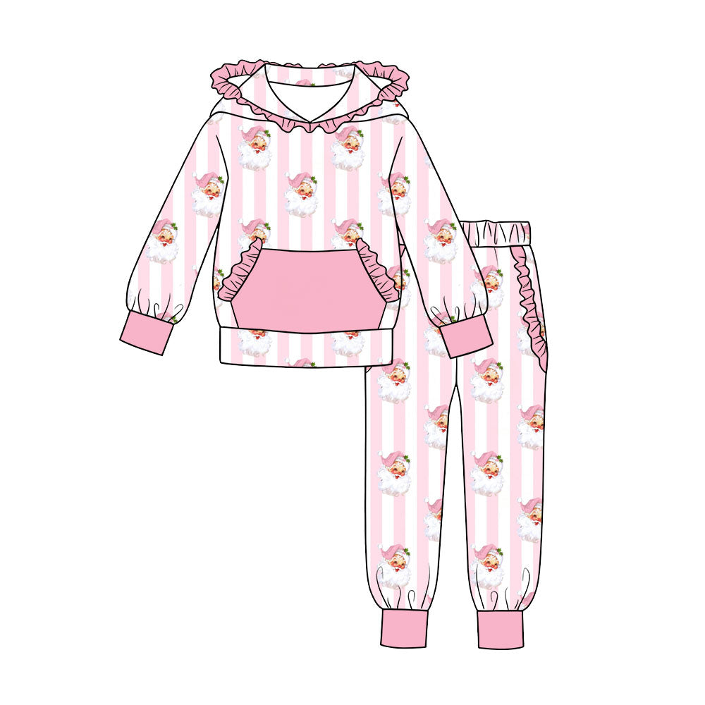 MOQ 5 PCS preorder GLP3514 Christmas Santa Claus Stripe Pink Ruffle Hooded Long Sleeve Pants Girls Sets 202607