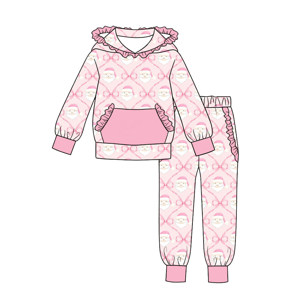 MOQ 5 PCS preorder GLP3515 Christmas Santa Claus Bows Pink Ruffle Hooded Long Sleeve Pants Girls Sets 202607