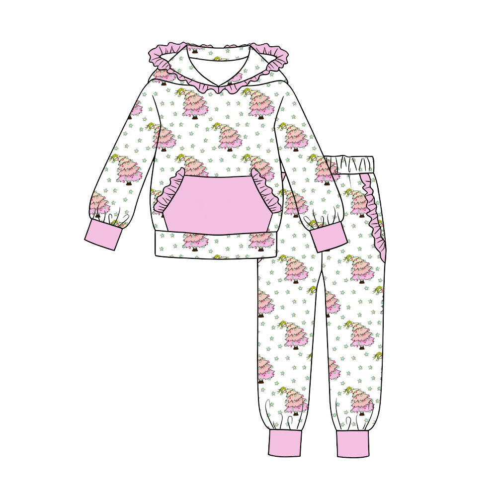 MOQ 5 PCS preorder GLP3516 Christmas Trees Star Purple Ruffle Hooded Long Sleeve Pants Girls Sets 202607