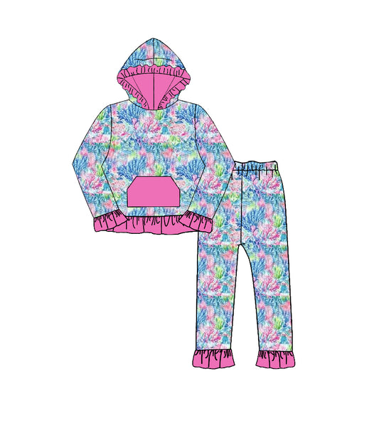 MOQ 5 PCS preorder GLP3518 Coral Seaweed Printed Rose Red Ruffle Hooded Long Sleeve Pants Girls Sets 202607
