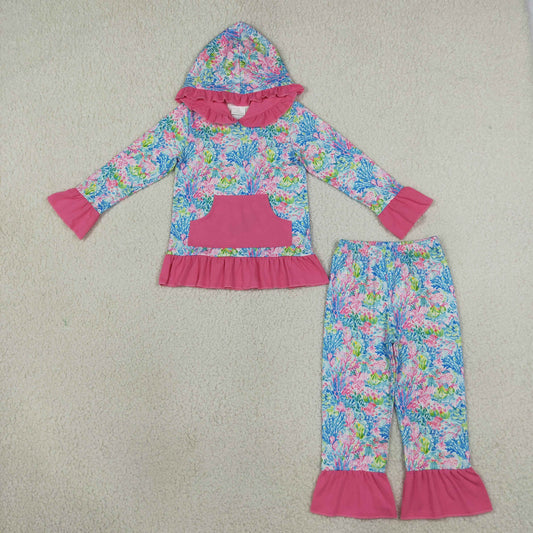 GLP3518 Ocean Coral Flower Girl's Hoodie Set