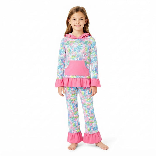 GLP3518 Ocean Coral Flower Girl's Hoodie Set