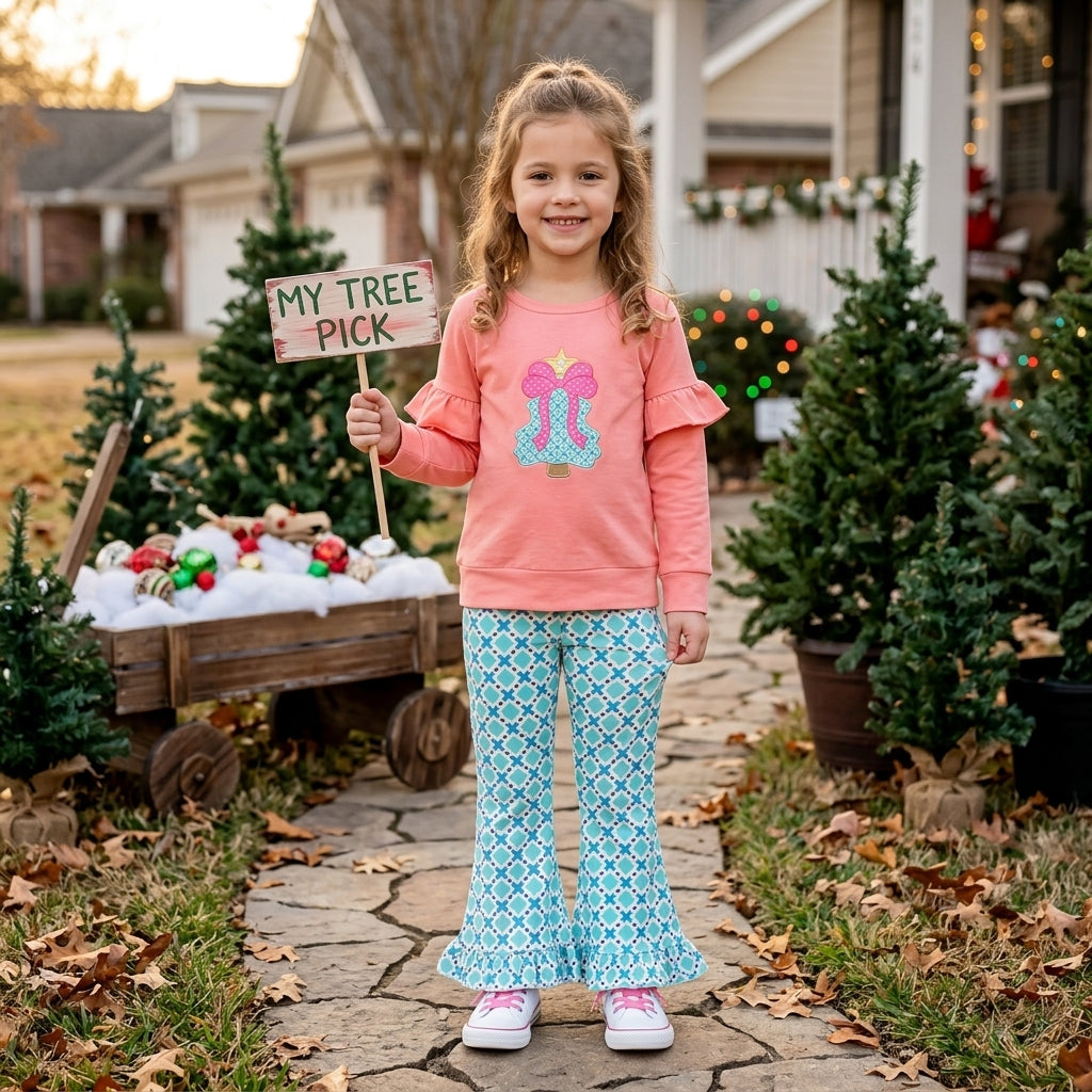 GLP3548 Embroidery Christmas Trees Bows Girls Set