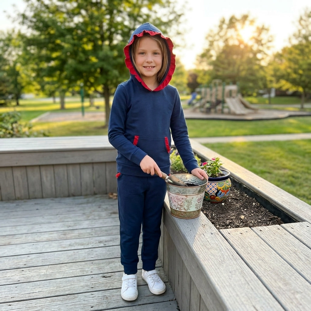 GLP3564 Team Colors Red Ruffles Navy Girl's Hoodie Set