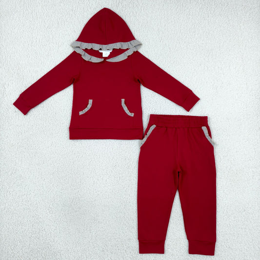 GLP3565 Team Colors Red Gray Ruffles Girl's Hoodie Set