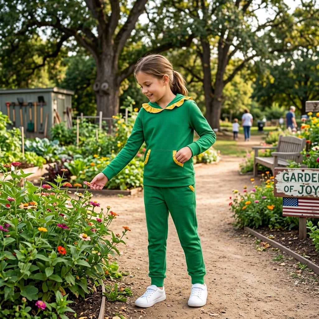 GLP3569 Team Colors Green Yellow Ruffles Girl's Hoodie Set