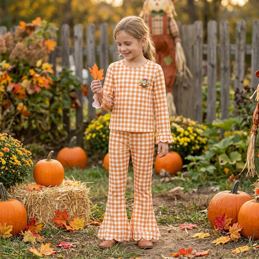 GLP3588 Embroidery Thanksgiving Turkey Plaid Scallop Edge Girls Set