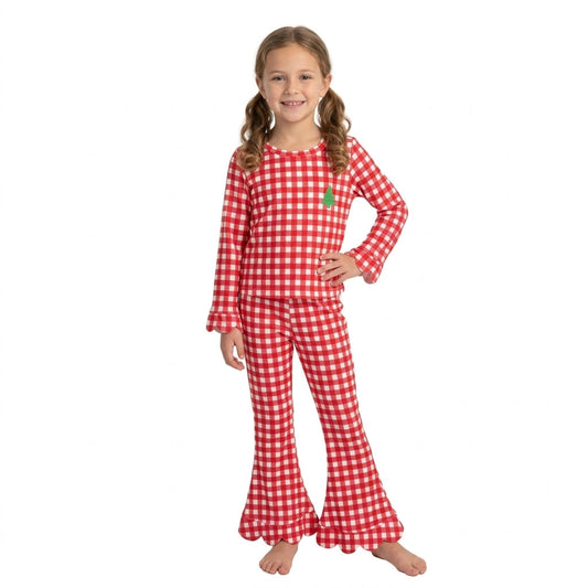 GLP3590 Embroidery Christmas Santa Trees Plaid Scallop Edge Girls Set