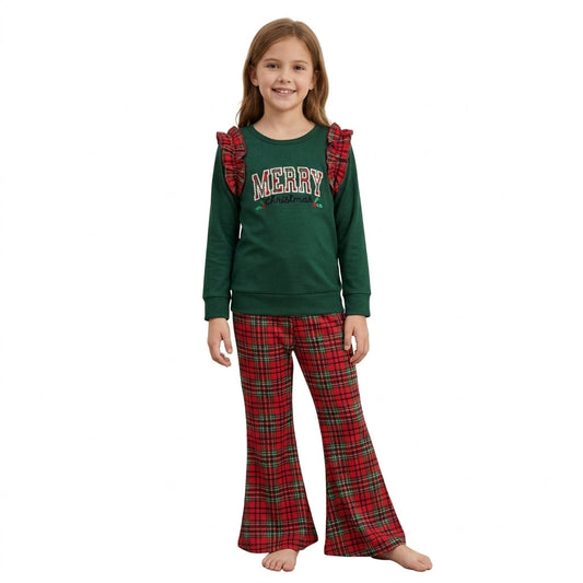 GLP3595 Embroidery Merry Christmas Santa Plaid Ruffles Girls Set