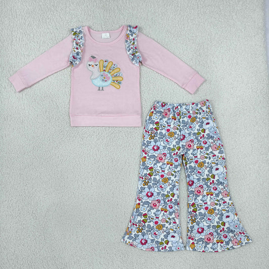 GLP3597 Embroidery Thanksgiving Day Turkey Flower Girls Set