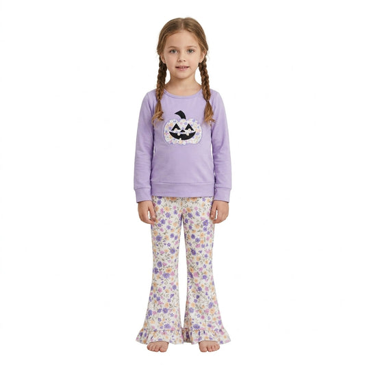GLP3618 Embroidery Halloween Pumpkin Flower Girls Set