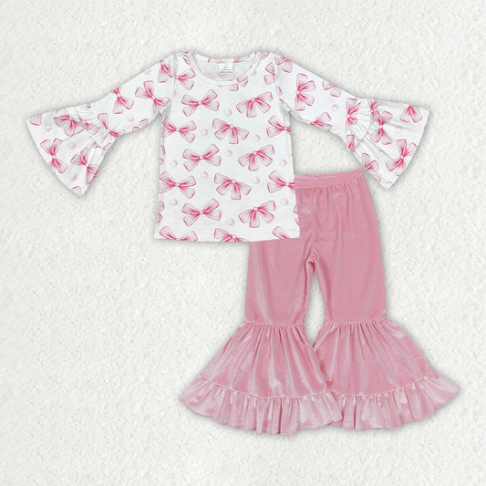 GLP3638 Pink Bows White Long Sleeve Velvet Bell Bottom Pants Girls Sets 202608 RTS