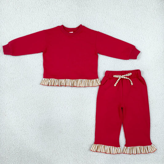 GLP3644 Solid Color Red Thick Cotton Sweatshirt Girls Set