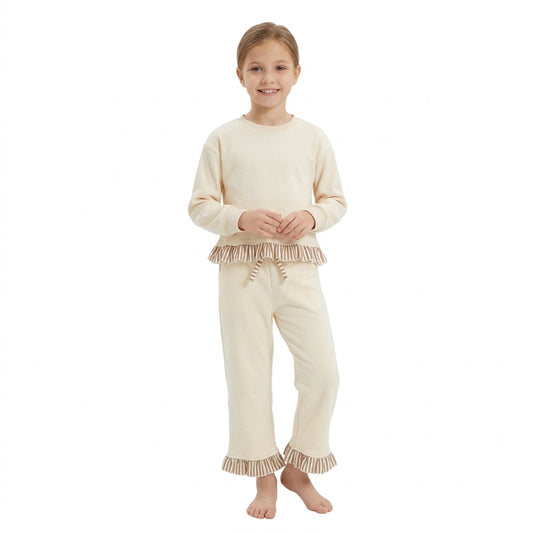 GLP3645 Solid Color Beige Thick Cotton Sweatshirt Girls Set