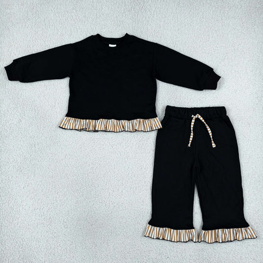 GLP3671 Solid Color Cotton Stripe Ruffles Black Girls Set