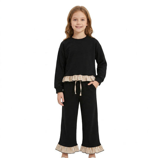 GLP3671 Solid Color Cotton Stripe Ruffles Black Girls Set