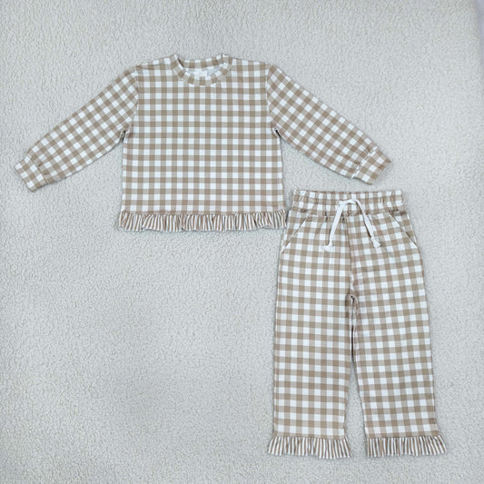 GLP3674 Fall Light Gray Green Plaid Ruffles Girls Set