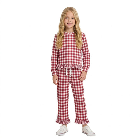 GLP3675 Fall Red Plaid Ruffles Girls Set