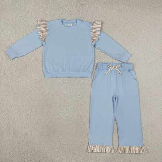 GLP3696 Solid Color Stripe Ruffles Light Blue Girls Set