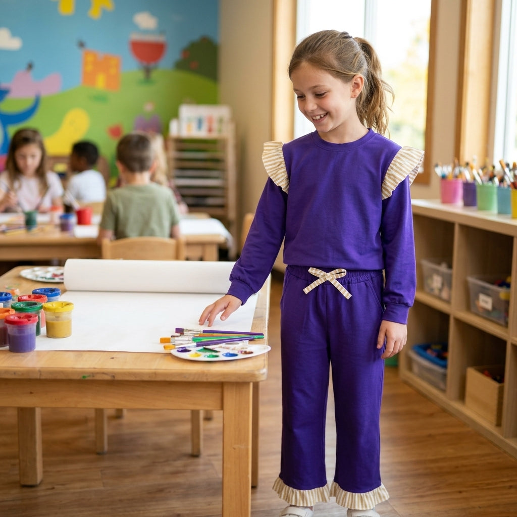 GLP3699 Solid Color Stripe Ruffles Dark Purple Girls Set
