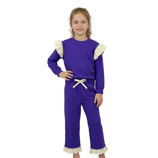 GLP3699 Solid Color Stripe Ruffles Dark Purple Girls Set