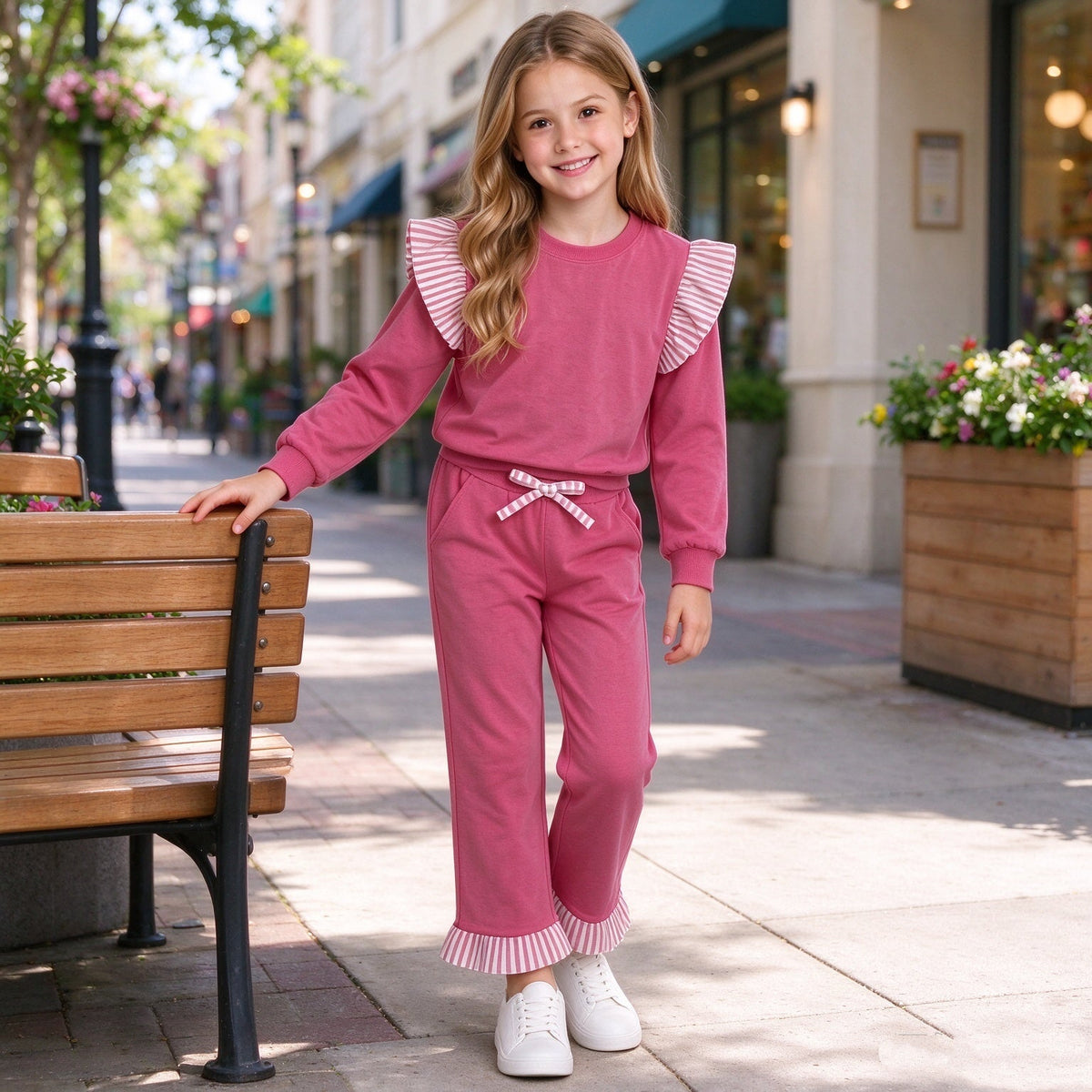 GLP3701 Solid Color Stripe Ruffles Rose Red Girls Set