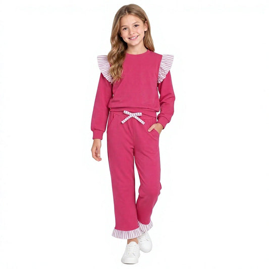 GLP3701 Solid Color Stripe Ruffles Rose Red Girls Set