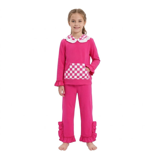 GLP3709 Solid Rose Red Ruffles Plaid Hoodie Girls Set