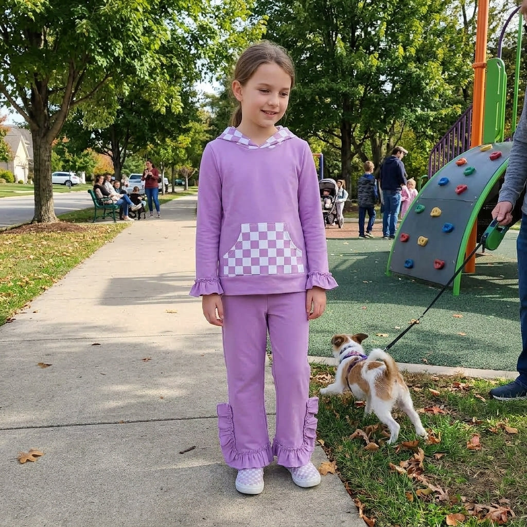 GLP3710 Solid Purple Ruffles Plaid Hoodie Girls Set