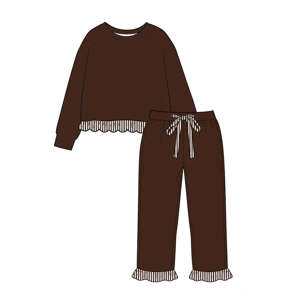 Preorder MOQ 5 pcs GLP3710 Solid Color Dark Brown Stripe Scallop Edge Girls Outfits