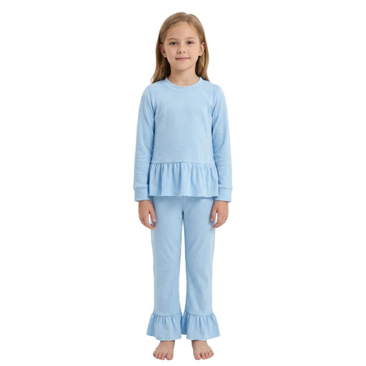 GLP3748 Solid Color Cotton Blue Ruffles Girls Set