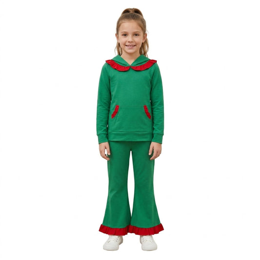 GLP3752 Christmas Red Ruffles Pocket Green Hoodie Pullover Girls Set