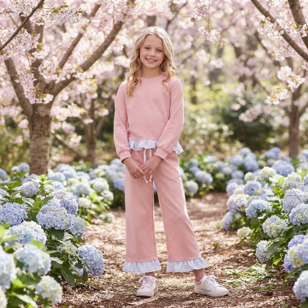 GLP3754 Solid Color Pink Cotton Blue Plaid Ruffles Girls Set