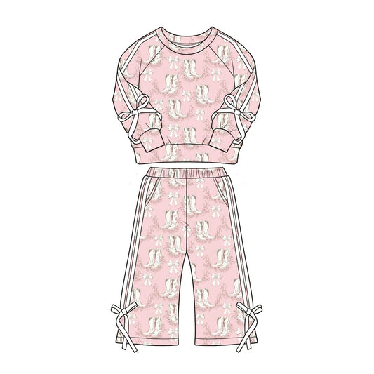 Preorder MOQ 5 pcs GLP3805 Bows Boots White Stripe Girls Set 202609